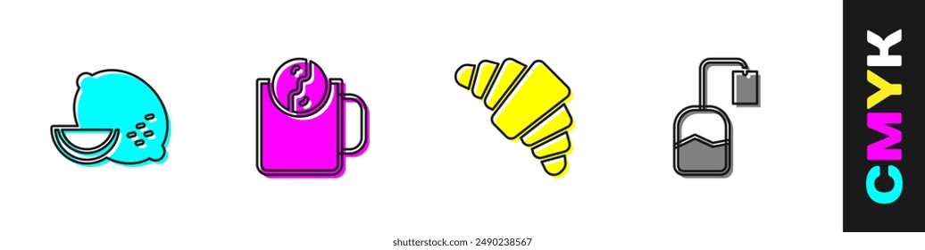 Set Lemon, Tea time, Croissant and bag icon. Vector