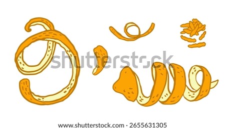 Set of lemon zest cut in different ways. Hand drawn outline vector illustration ribbon of zest with bends and curves, cut into small stripes, grated on a grater for  Menu design, bar cards