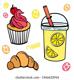 A set of lemonade, cake, croissant, lettering mood, colored lemons drawn by a black line with color inside. Doodle style. Can be used in web design, as background, printing, menu and cafe design.