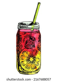 Set of lemonade elements, and berries lemon, ice, straw.  Smoothies. Superfood and diet food concept for health or detox in sketch style.  Healthy lifestyle concept. Vector illustration