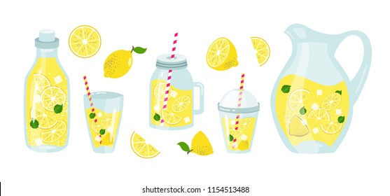 Conjunto de elementos de limonada, limón, hielo, paja. Limón trozo, entero, medio. Vidrio, jarra, jarra, jarra, botella. Elemento vectorial del zumo de limonada limonada limonada limón limón limonada en forma de caricatura plana Ilustración vectorial