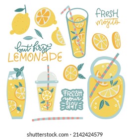 Set of lemonade elements - lemon, ice, straw, plastic cut, glass, jar, lettering quotes. Slice lemon, whole, half. Vector icons of smoothie lemonade fresh juice detox in flat cartoon illustration.