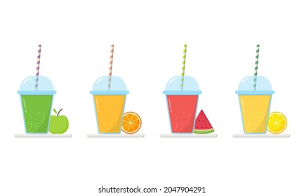 Set of Lemonade in Glass with Cap and Straw on White Background. Lemon, Orange, Watermelon, Apple Fresh Juice. Collection of Ice Fruit Cocktails in Cup. Healthy Drink. Isolated Vector Illustration.