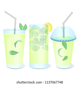 Set of lemonade glasses icons with mint leaves and lemon slice. Can be used for soft drinks menu design.