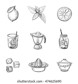 
A set of lemonade ingredients. Vector hand-drawn icons on a white background . 