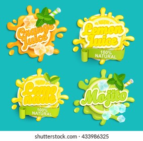 Set of Lemonade, orange, lemon juece, mojito labels. Lettering, splash and blot design, shape creative vector illustration.