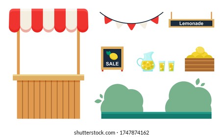Conjunto de soporte de limonada con limones y objetos decorativos. Ilustración vectorial de caricatura plana aislada en fondo blanco.