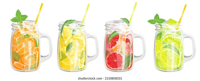 A set of lemonades in cans.Summer refreshing drink with lemon, grapefruit, orange, lime.Cocktail with ice cubes.mint and slices of fruit.Vector illustration.