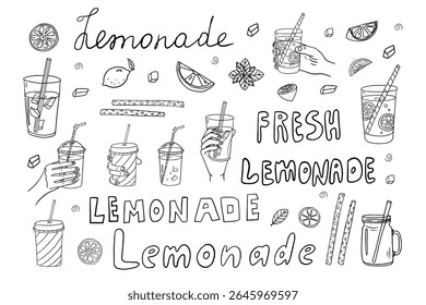Set of lemonades in doodle style. Non-acoholic cocktails with ice cubes, mint, lemon, straw and lettering. Good for bar menu design, packaging. Vector illustration. Hand drawn.
