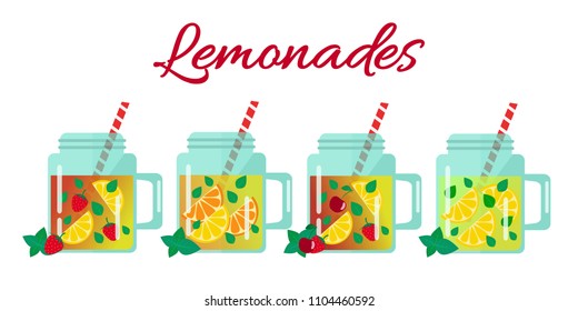 Set of lemonades in jars. Flat design