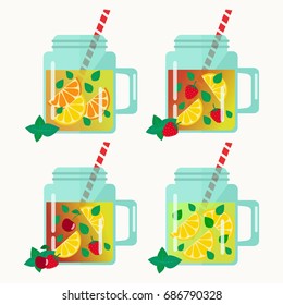 Set of lemonades in jars. Flat design