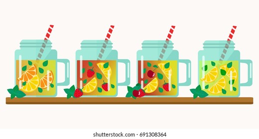 Set of lemonades in jars. Flat design