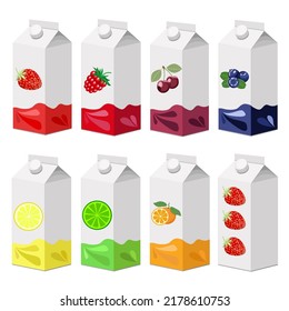 A set of lemon,lime,orange,strawberry,blueberry,raspberry, cherry juice in a cardboard white package, isolated on a white background.Vector collection of fruit drinks can be used for labels,supermarke
