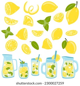 Conjunto de limones y botellas con limonada. Ilustración vectorial de cítricos, vidrio, jarras con bebida fresca de verano, menta para el diseño web, logotipo, embalaje, pegatinas, impresión