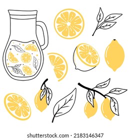 Set of lemons in doodle style. Collection of lemons on a branch, a slice of a lemon, half a lemon. Vector illustration.