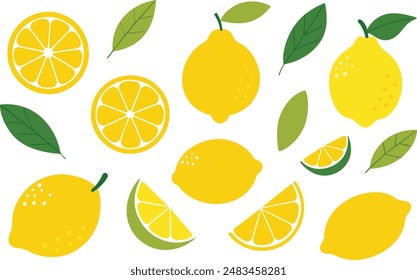 Set of lemons in doodle style. Collection of lemons on a branch, a slice of a lemon, half a lemon. Vector