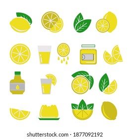 Set of lemons in flat style, slices, wedges and whole, lemon food in the form of juice, lemonade, jelly and jam, vector illustration icon set for design