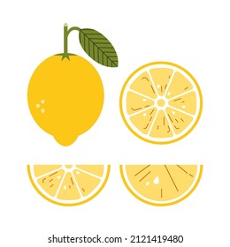 Set of lemons, halves and slices. Citrus fruits for lemonade with vitamin C. Vector geometric flat style.