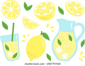 Set of lemons, leaves and lemonade in a hand-drawn style. Vector illustration with different parts of a lemon, a glass and a jug of lemonade. Perfect for a poster in a cafe or in the kitchen