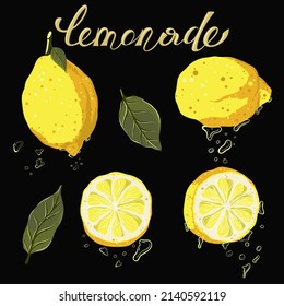 set with lemons, letering, sparkling water. vector illustration on a black background.
