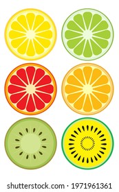 Set of lemons, limes, orange, grapefruit and kiwi, cut. Mint. Vector graphics