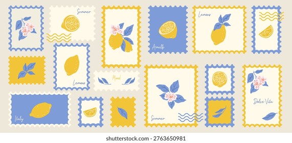 Set of lemons postage stamps. Vacation in Italy. Vector retro frame border element design. Vector trendy illustration.