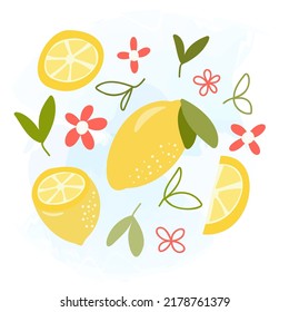 Set of lemons, slice, leaves and flowers on a blue watercolor background. Vector graphics for the design of postcards, posters, prints on t-shirts, mugs, packages.