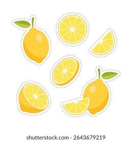 Set of lemons stickers with contour isolated on white background.