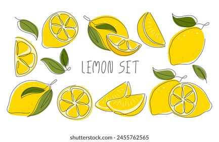 Set of lemons whole, half, slice, piece. Abstract continuous line drawn tropical citrus fruit isolated on white. Lemon parts for design. Healthy vitamin food