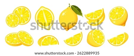 Set of lemons. Whole, halved, sliced ​​lemon. Ripe citrus fruit. Vector illustration isolated on white background.