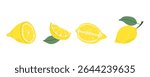 Set of lemons. Whole, halves, cut lemon slices. Vector illustration.