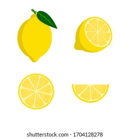 Set of lemons- a whole lemon, half, a piece and a slice of lemon. Fruit isolated on a white background. Stock vector illustration.