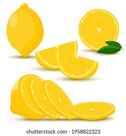 Set of lemons. A whole lemon, half, a piece and a slice of lemon. Fruit isolated on a white background. Stock vector illustration in cartoon style, flat design