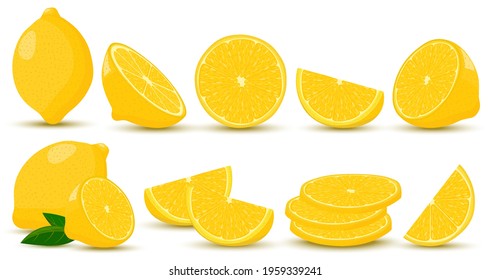 Set of lemons. A whole lemon, half, a piece and a slice of lemon. Fruit isolated on a white background. Stock vector illustration in cartoon style, flat design