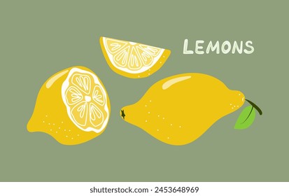 Set of lemons. Whole lemons and lemon slices. Hand lettering. Vector illustration. Isolated background.