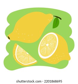  Set of lemons . Whole lemons and lemon wedges . Vector illustration. Isolated background.