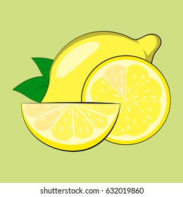 Set lemons: whole, slice, cut. With the leaves. On a green background. Vector illustration.