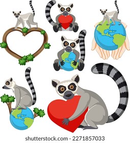 Set of lemur cartoon icon illustration