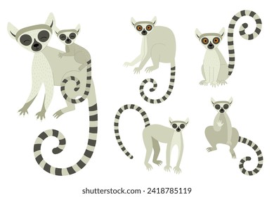 A set of lemurs in different poses. Exotic cute animals of madagascar and africa. Vector illustration in flat style