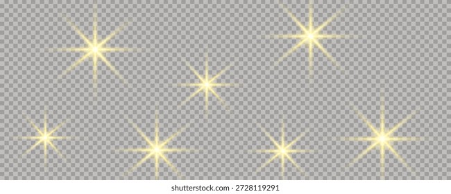 Set of lens flare light burst star effects overlay with golden glow rays on checkered PNG background. Editable vector illustration.eps.10
