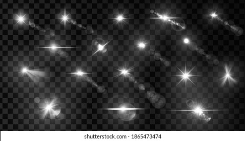 Juego de lentes de brillo. Efecto luminoso. Objeto brillante y brillante blanco. Ilustración vectorial aislada sobre fondo transparente.