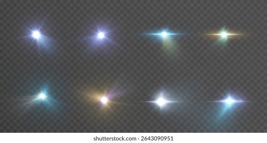 A set of lens flares and light flashes on a transparent background. Bright multi-colored rays and glows for lighting effects and futuristic interfaces.