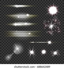 set of  lens flares and light flashes with sparkling particles and rays over transparent dark background. energy explosions, glowing sun burst and bright glitter stars effect. vector 