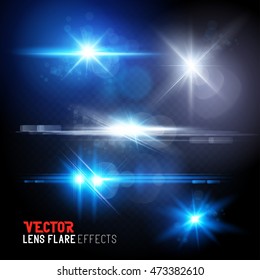 A Set of lens flares and sun flares. Vector illustration transparent effects.