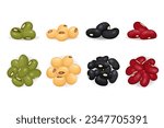 set of lentil seeds red adzuki, black gram, soy and green mung beans isolated on white background. vector illustration