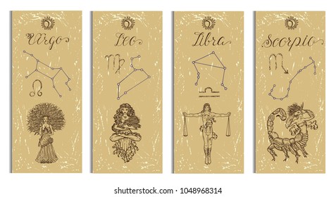 Set with Leo, Virgo, Libra and Scorpio Zodiac symbols banners on texture. Hand drawn vector illustration. Template background, suitable for print, card, poster, bookmark