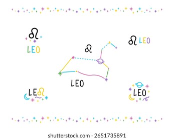 Conjunto de cantos do zodíaco de Leão. Constelações coloridas de desenhos animados e letras cantam. Tatuagem de talismã de caneta de feltro desenhado à mão, logotipo, adesivo. Elemento isolado.
