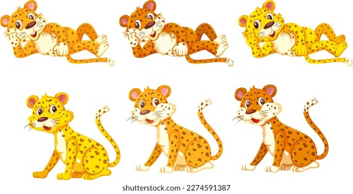 Set of leopard cartoon character in different pose illustration