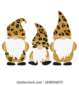 Set of Leopard Christmas Gnomes. Vector illustration flat design of a fairytale or fantastic characters of dwarfs isolated on white. Cartoon vector illustration.