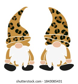 Set of Leopard Christmas Gnomes. Vector illustration flat design of a fairytale or fantastic characters of dwarfs isolated on white. Cartoon vector illustration.